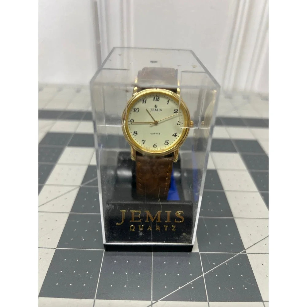 Vtg Jemis Quartz Watch Gold Brown Leather Strap Cream Dial Needs Battery NOS